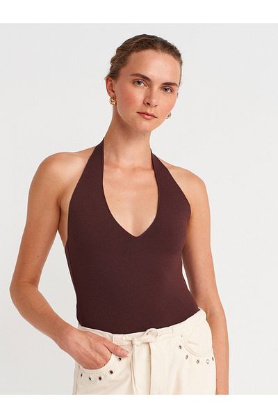 Dilvin 10794 Halter V-Neck Basic Blouse-Brown