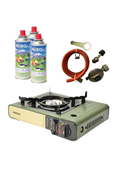 NURGAZ Tekli Portatif Ocak Tüp Girişli Haki+Dedantör Set+220Gr 3 Adet