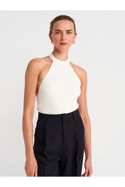 Dilvin 10798 Halter Tie Collar Ribbed Knitwear Blouse-Ecru