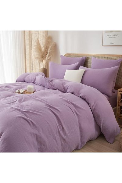 Luofanfei Lenjerie pat bumbac muselina, set cu husa pilota dubla 260x240, 2 fete perna 65x65, mov lila