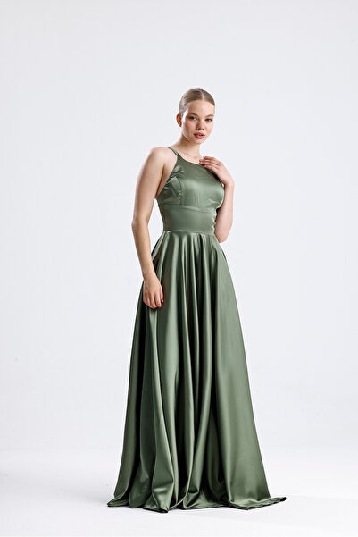 Tangül&Ali'S Moda Evi Halter Yaka Yeşil Maxi Saten Elbise