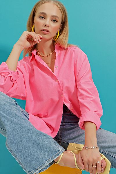 VAGGON Cămașă lungă și țesută pentru femei HOT PINK OVERSIZE PRMX6828