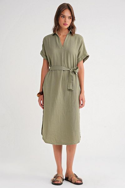 Mixray 4720 Women's Pleat Detailed Tie-Up V-Neck Muslin Dress Khaki