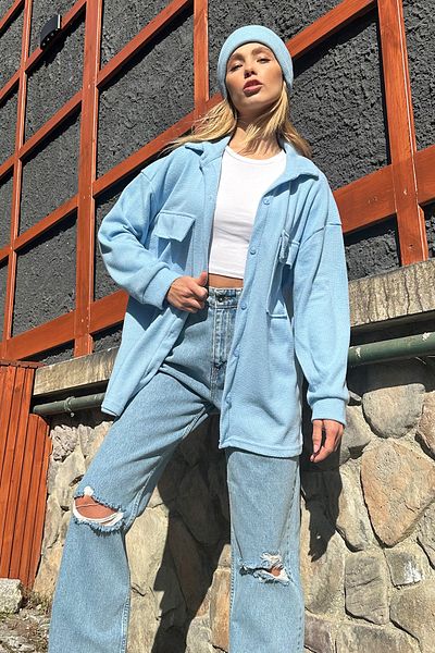 VAGGON Women's Blue Double Pocket Vaffle Oversize Shirt Prmx11194