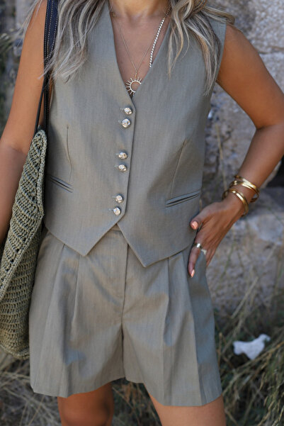 bytugcekaya Khaki Linen Button Detail Vest and Shorts Suit
