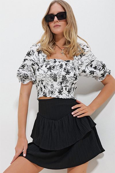 VAGGON Women's Black-White Square Collar Watermelon Sleeve Giped Crop Linen Bluz Prmx11651