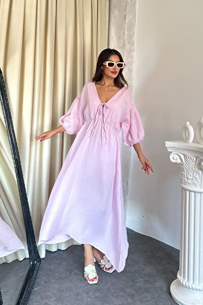 TREND KOMBİN Kadın V Yaka Bağlamalı Müslin Elbise