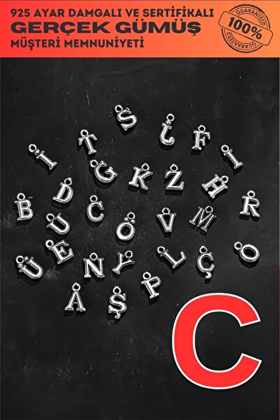 OSMANLI GÜMÜŞ 925 Ayar Gümüş Harf - C Harfi Model Bileklik, Kolye ve Tesbih İçin Tekli Harf