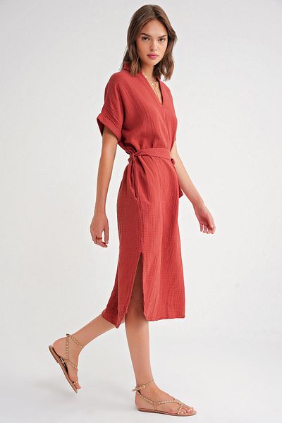 Mixray 4720 Women's Pleat Detailed Tie-Up V-Neck Muslin Dress Tile
