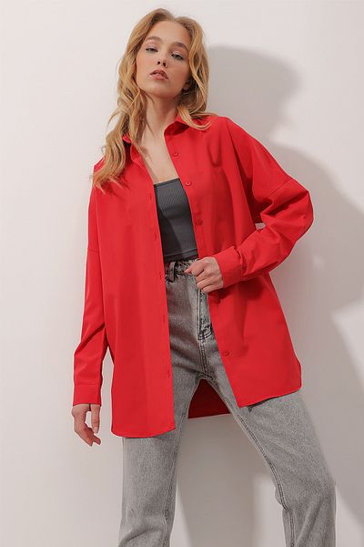 VAGGON Cămașă roșie oversize lungă țesută pentru femei PRMX6828