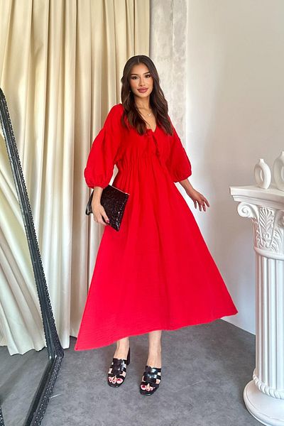 TREND KOMBİN Women's V-Neck Tie-Up Muslin Dress