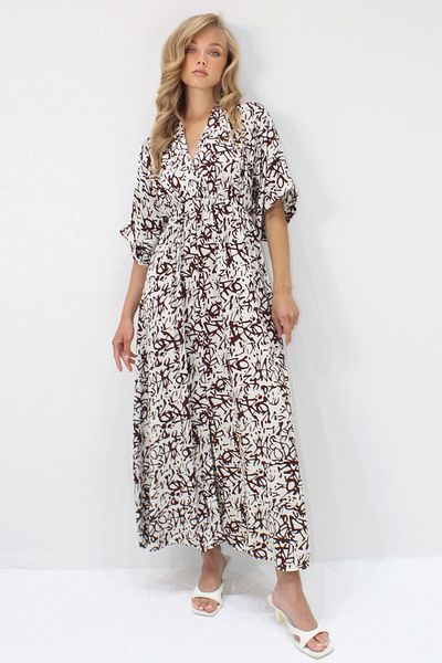VAGGON Women's Brown V-Necklace Double-Breasted Detail Slit Maxi Size Woven Viscosse Dress Prmx14216