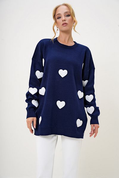 VAGGON Women's Dark Blue Circle Neck Heart Embroidered Oversize Knitwear Sweater Prmx12992