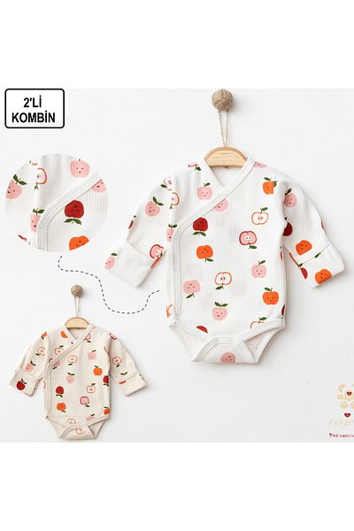 BEBENAZ Newborn Baby Cotton Apple Pattern Long Sleeve Swaddle Kruvaze Snap Fastener Report 2-Piece Undershirt Body Zıbın