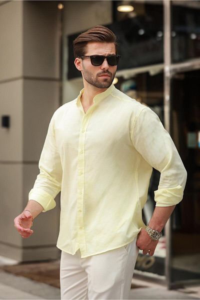 Madmext Yellow Judge Collar Linen Look Cotton Long Sleeve Men's Shirt 6745