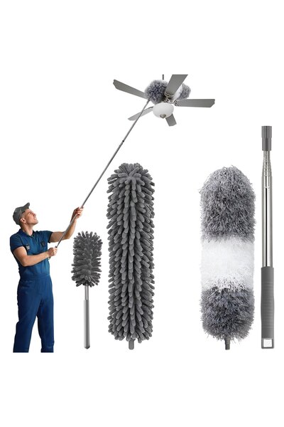 SOHO Cleaning Set with Telescopic Handle and 3 Microfiber and Electrostatic Accessories - Gray