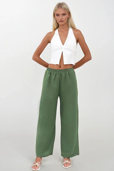 VAGGON Women's Khaki Waist-Elastic Aerobin Palazzo Pants PRMX14265
