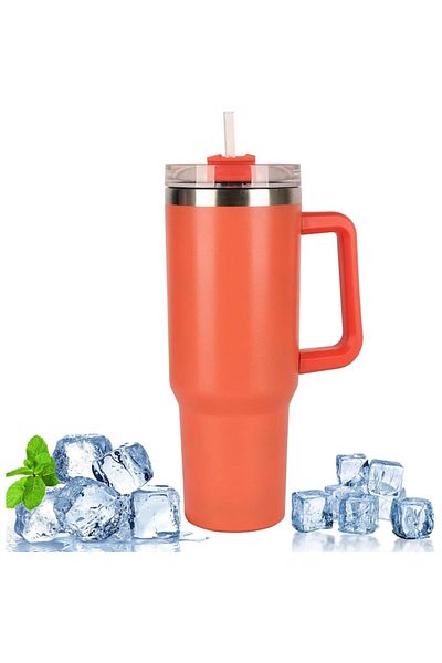 SOHO Double-Wall Insulated Thermos 1200ml with Handle and Straw, Coral Orange