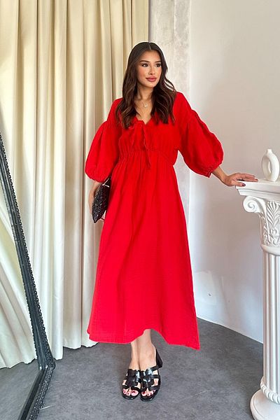 TREND KOMBİN Women's V-Neck Tie-Up Muslin Dress