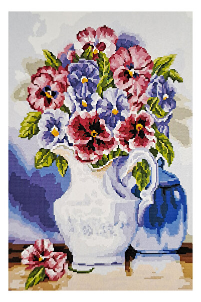 ElkaHobi Goblen Etamin İşleme Seti 40x50 cm Beyaz Vazo Deseni