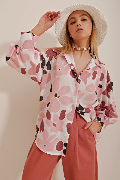 VAGGON Women's Tile Princess Ethnic Patterned Flared Linen Woven Shirt Vgn-X10398