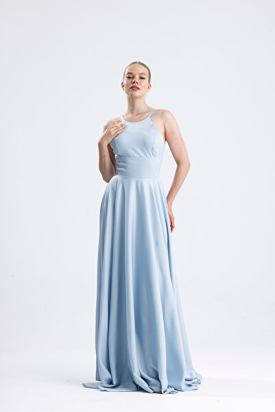 Tangül&Ali'S Moda Evi Halter Yaka Bebe Mavisi Maxi Saten Elbise