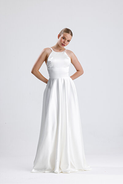 Tangül&Ali'S Moda Evi Halter Yaka Maxi Beyaz Saten Elbise