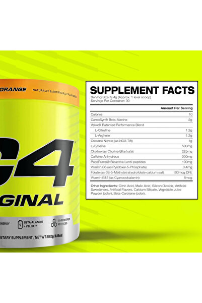 Cellucor C4 Original Pre Workout Zero Sugar, Beta-Alanine, Vitamin C, Orange Burst - 30 Servings