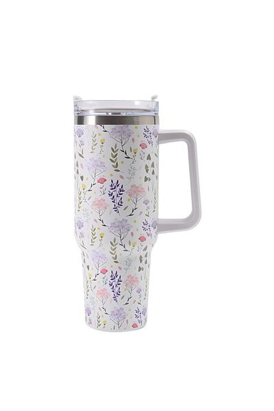 SOHO Double-Walled Insulated Thermos 1200ml, for Hot and Cold Drinks with Handle and Straw, Flower Power