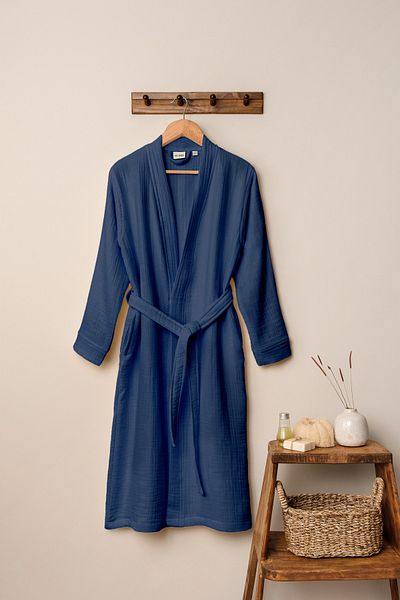 Denizli Concept Navy Blue Unisex Kimono Muslin Bathrobe 100% Cotton & High Water Absorbent Quality Bathrobe