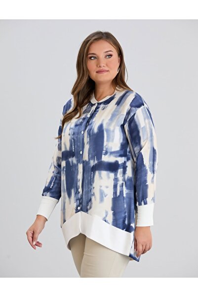 Te&Te Women's Plus Size Button Pattern Woven Shirt Tunic