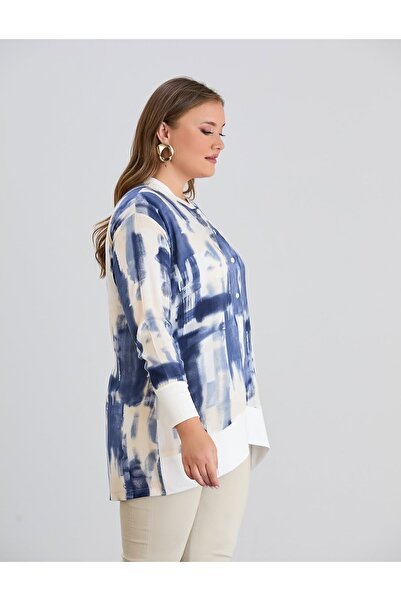 Te&Te Women's Plus Size Button Pattern Woven Shirt Tunic