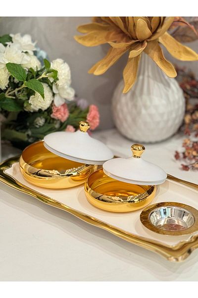 aljahwari Two-size dates with a plate for breaking them, white and gold, 4-piece set