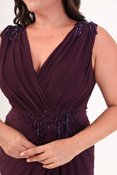 Lafaba Women's Plum V-Neck Shoulder Stone Detail Plus Size Long Evening Dress