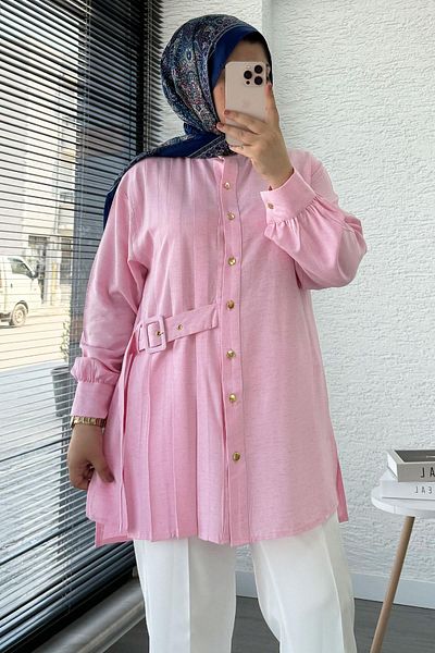 MELEK ARAZ Side Belted Pleat Detailed Linen Tunic – Pink