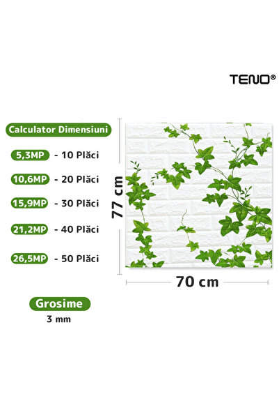 Teno Set Tapet Caramida 3D Teno73, model Iedera, suprafata acoperire 5.3 mp, autoadeziv, 70x77 cm, alb