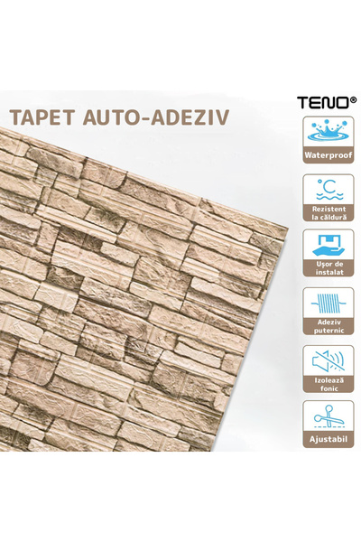 Teno Set Tapet Caramida 3D Teno79, Model Piatra Naturala, acoperire 5.3 mp, autoadeziv, 70x77 cm, crem