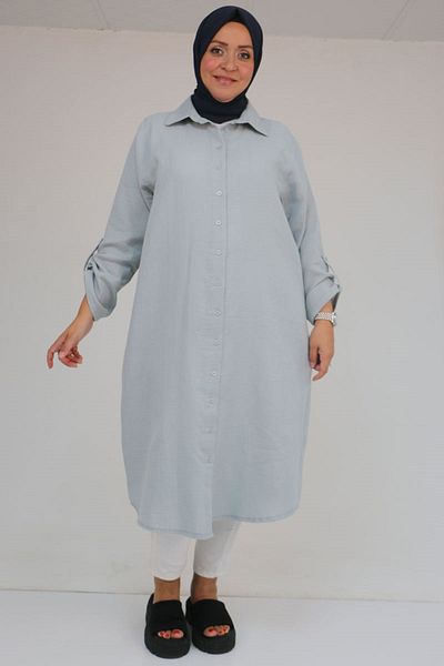 Eslina 48058 Large Size Buttoned Muslin Shirt - Gray