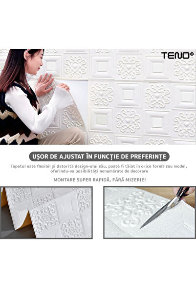 Teno Set Tapet 3D Teno62, suprafata acoperire 4.9 mp, autoadeziv, perete/tavan, 70x70 cm, alb