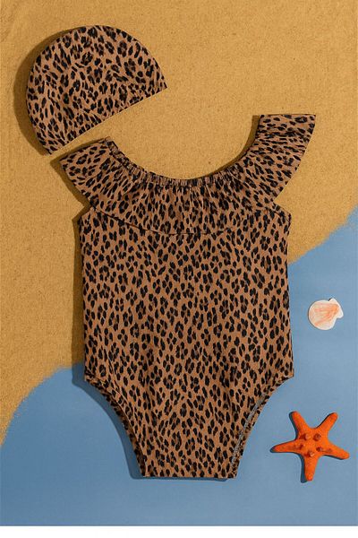 Mai Perla Girl's Swimsuit Leopard Patterned Cross Ruffle Swimsuit with Cap Gift 1-5 Years