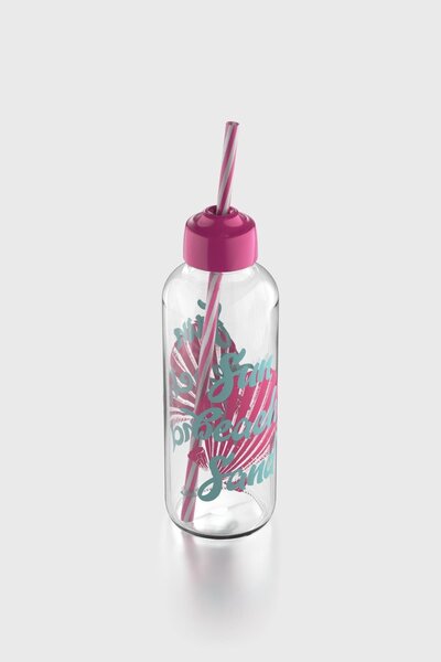 Renga Felix Sun Beach Patterned 450 ml Glass Bottle with Straw 182055 Pink