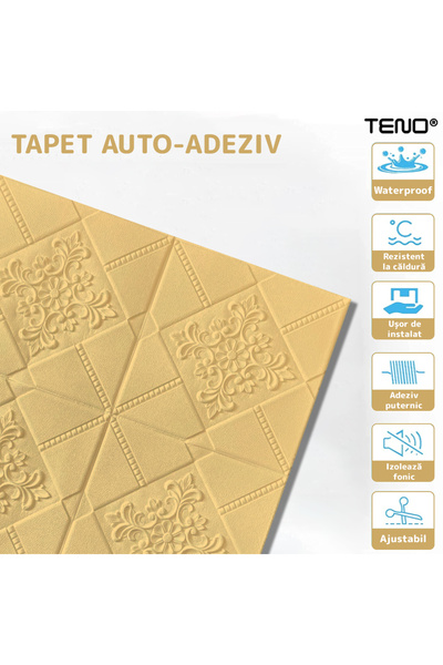 Teno Set Tapet 3D Teno119, acoperire 4.9 mp, autoadeziv, perete/tavan, model floral, 70x70 cm, galben