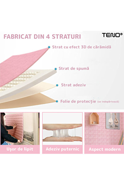 Teno Set 10x Tapet Caramida 3D Teno®, suprafata acoperire 5.3 mp, 70x77 cm, roz