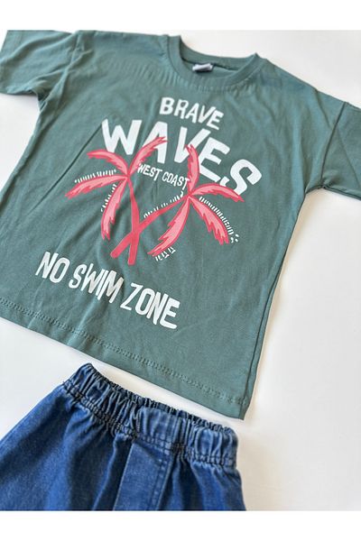 Krms Sport Palm Patterned Boy's Denim Shorts Double Set