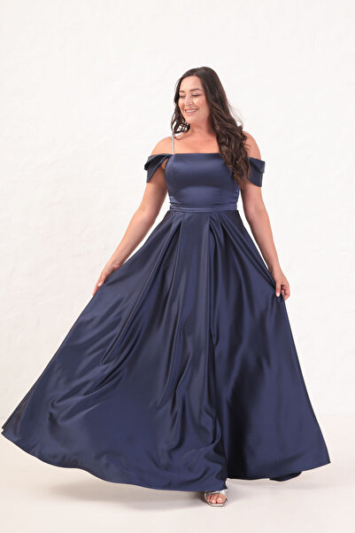 Lafaba Women's Navy Blue Stone Strap Plus Size Long Evening Dress