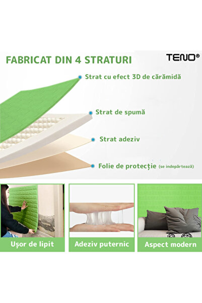 Teno Set Tapet Caramida 3D Teno54, suprafata acoperire 5.3 mp, autoadeziv, 70x77 cm, verde
