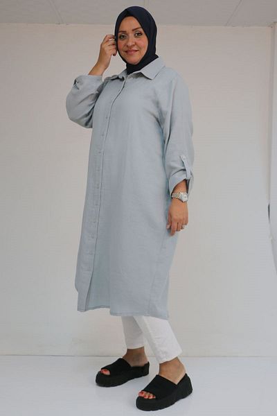 Eslina 48058 Large Size Buttoned Muslin Shirt - Gray