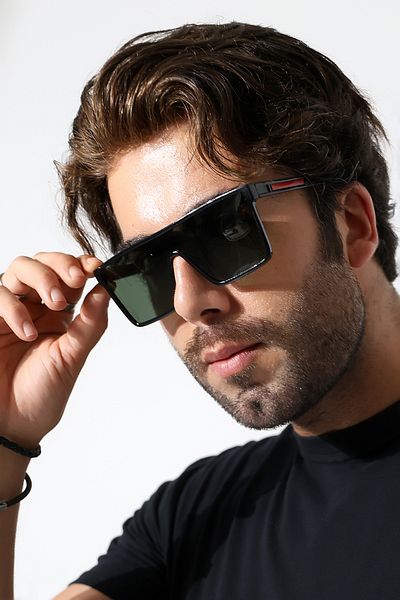 Lozzo Men's Unibody Black Polarized Sunglasses 23060 C2 P Green Glass