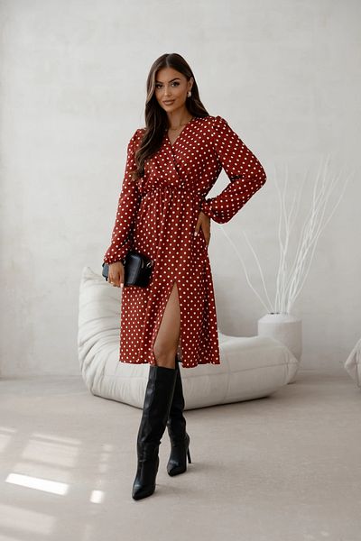 UniqueStore.ro Brick dress with white polka dots, wrap neckline and side slit