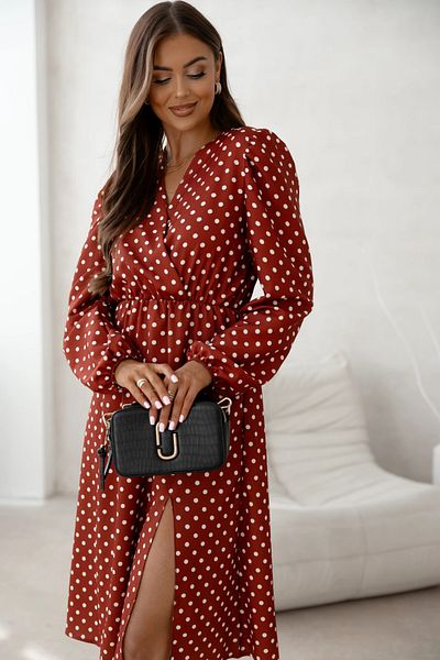 UniqueStore.ro Brick dress with white polka dots, wrap neckline and side slit